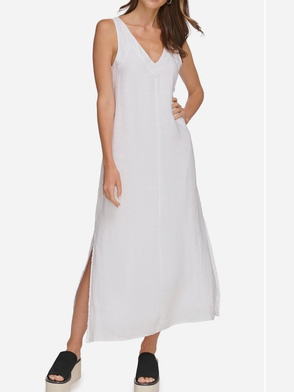 DKNY Linen White Sleeveless V-Neck Maxi Dress - Size Large